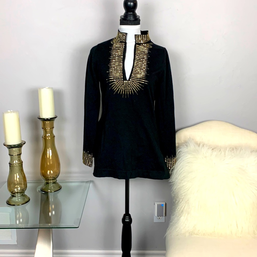 Boston Proper Gold Studs Embellished Black Tunic Top